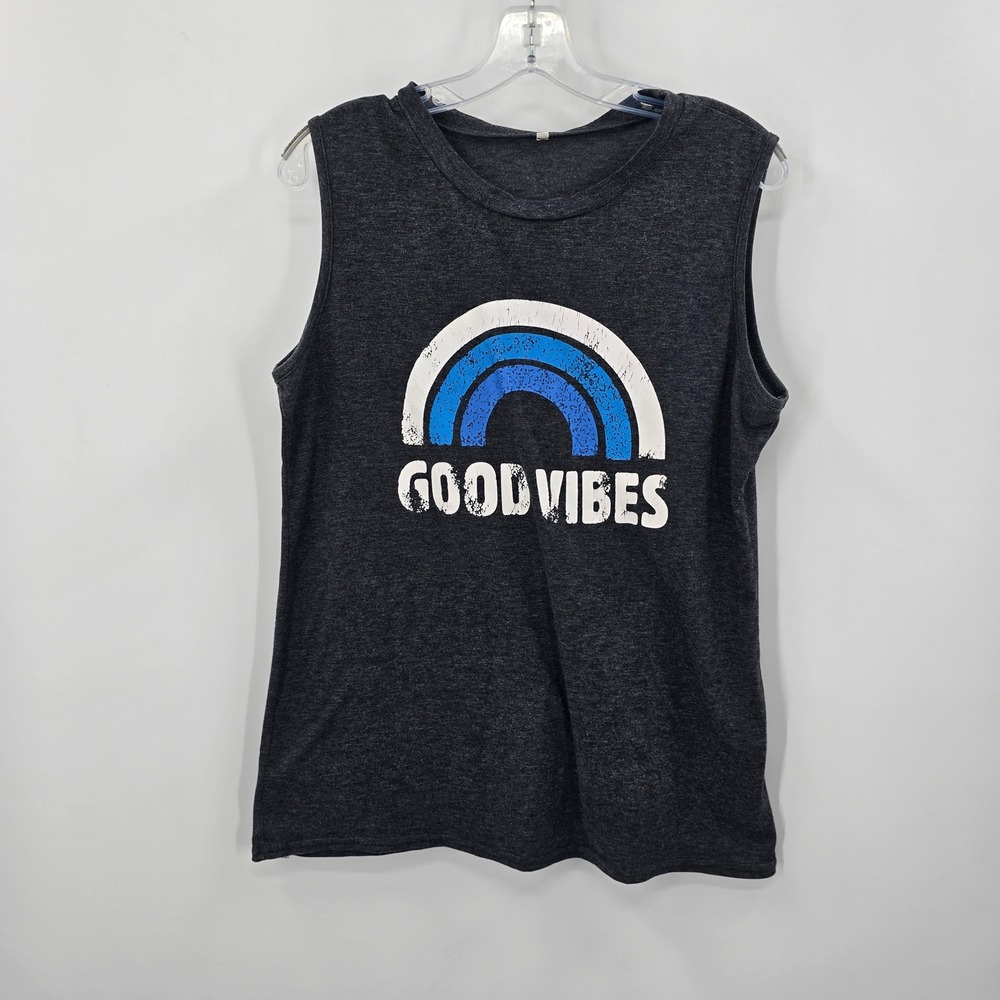 Good Vibes Rainbow Graphic Tank Top Charcoal Gray Sleeveless Shirt Womens Medium
